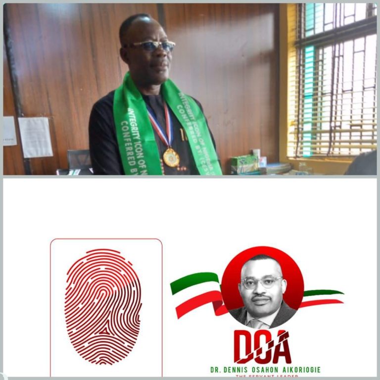 DR. DENNIS OSAHON AIKORIOGIE CONGRATULATES COMRADE KELLY OGBALOI ON HIS DESERVED AWARD