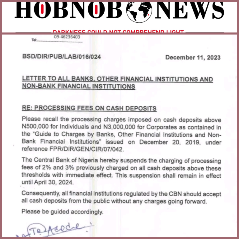 BREAKING: CBN Suspends Charges On Cash Deposit Above N500,000 for Individuals, N3,000,000 for Corporate Organizations