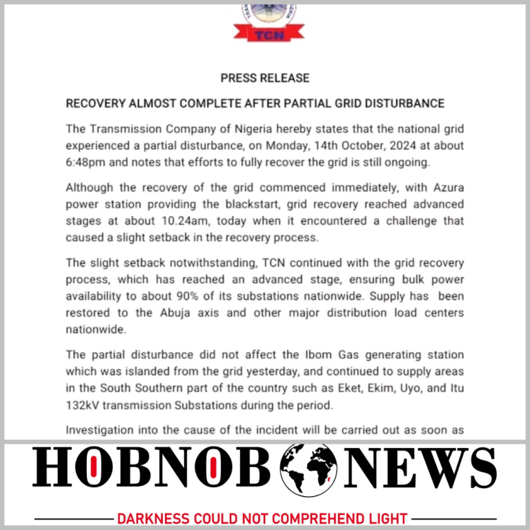 NATIONAL GRID RECOVERY NEARLY COMPLETE AFTER PARTIAL DISTURBANCE – TCN