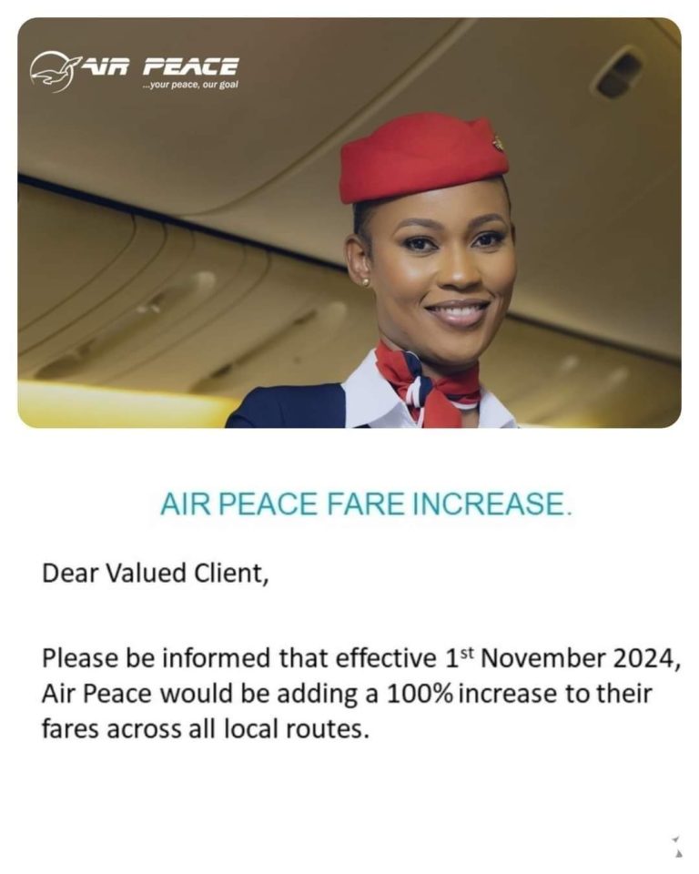 Air Peace Announces Fare Increase on Local Routes