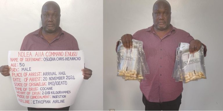NDLEA Arrests 50-Year-Old Businessman for Ingesting 90 Wraps of Cocaine