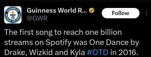 "Wizkid Makes History with Drake as 'One Dance' Becomes First Song to Reach One Billion Spotify Streams"

