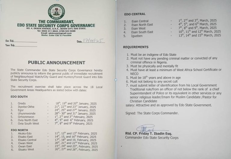 Edo State Security Corps Announces Recruitment Exercise for Neighbourhood Watch, City Guard, and Hunters