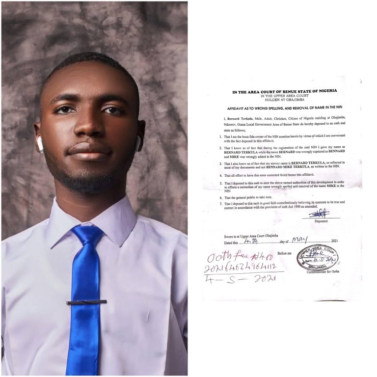 Bernard Terkula Seeks Correction of Wrongly Spelled Name and Removal of Extra Name on NIN