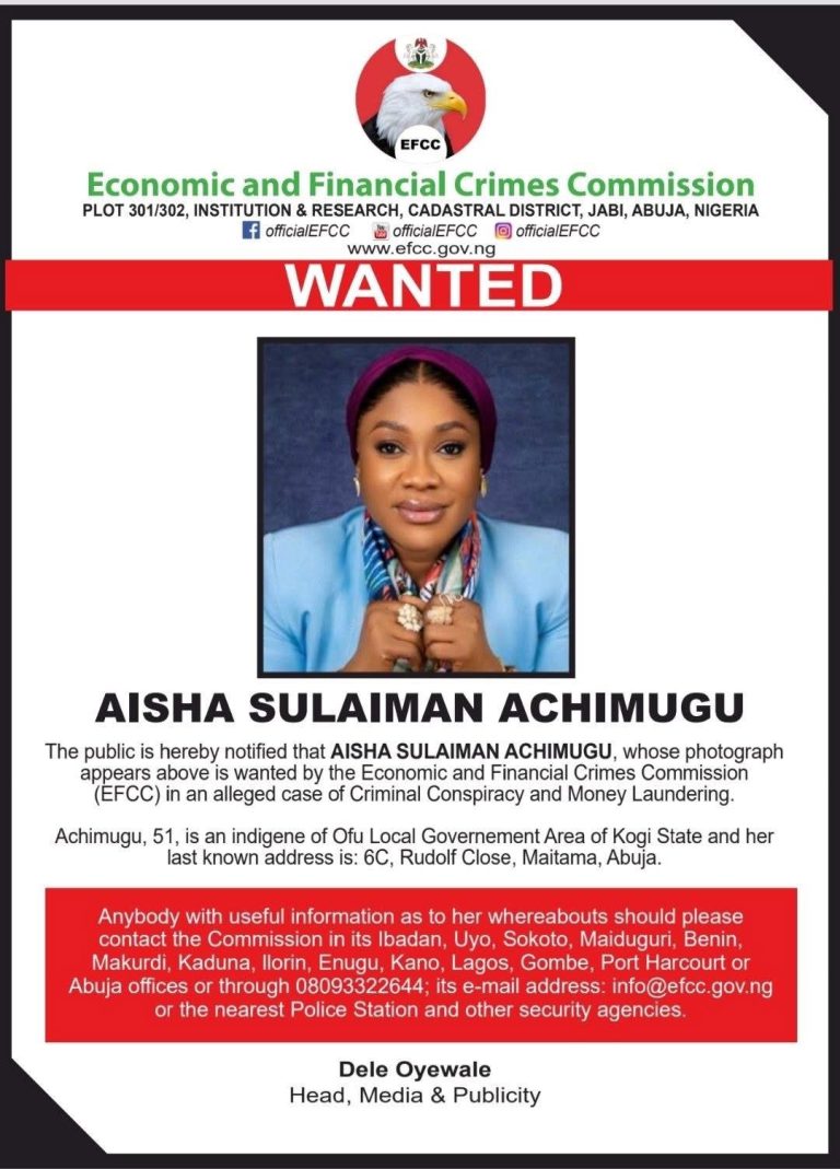 EFCC Declares Aisha Achimugu Wanted Over Alleged Money Laundering, Links to Opposition Leaders