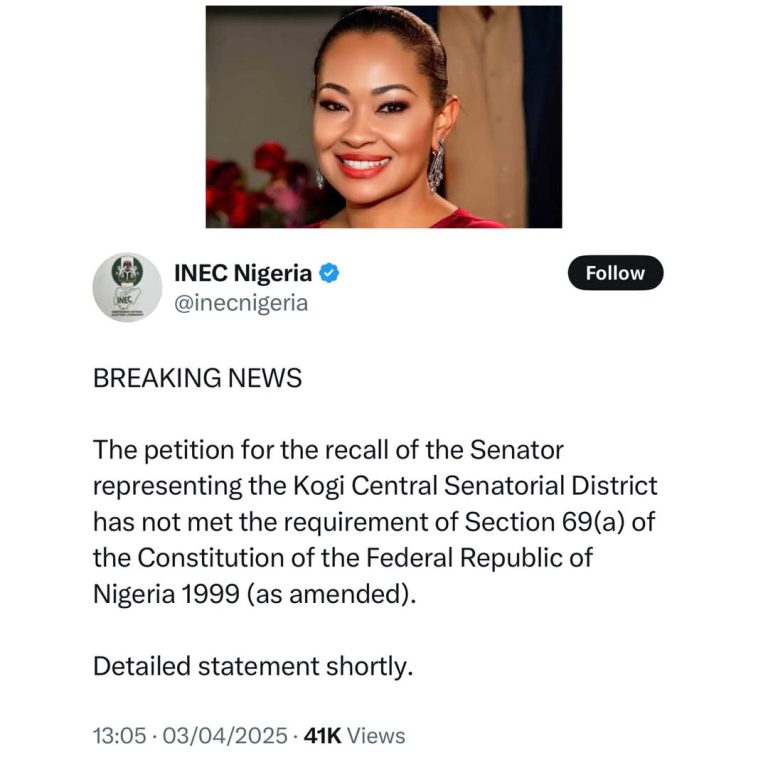 Breaking: INEC Dismisses Recall Petition Against Senator Natasha Akpoti-Uduaghan