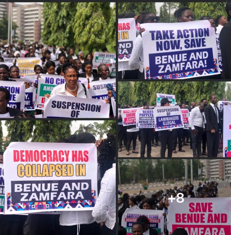 Over 1,000 Lawyers Storm National Assembly, Demand Constitutional Takeover of Benue, Zamfara Assemblies Over Lawmakers’ Suspensions