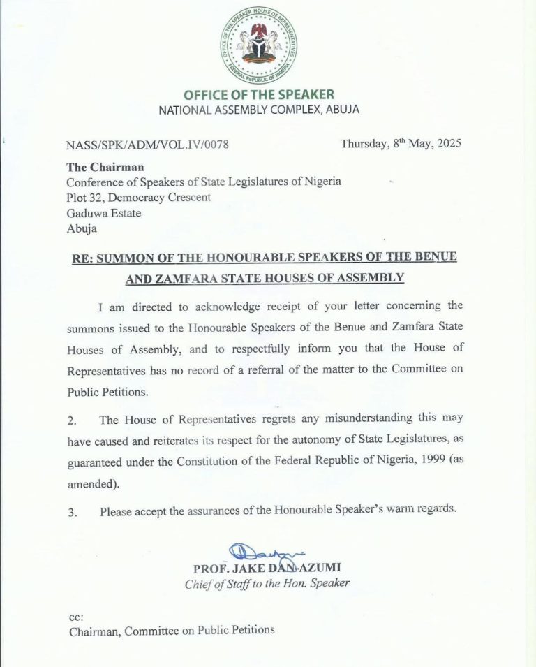 House of Representatives Denies Summoning Benue, Zamfara Speakers, Reaffirms Respect for State Legislature Autonomy