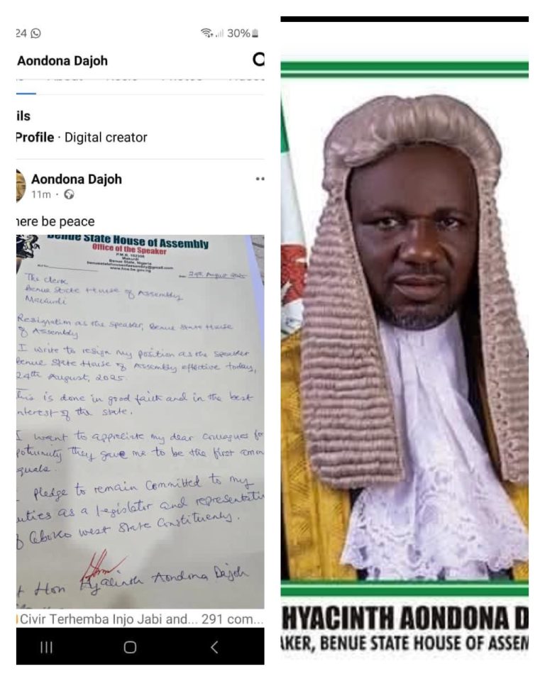 Benue Assembly Speaker, Hyacinth Dajoh, Steps Down